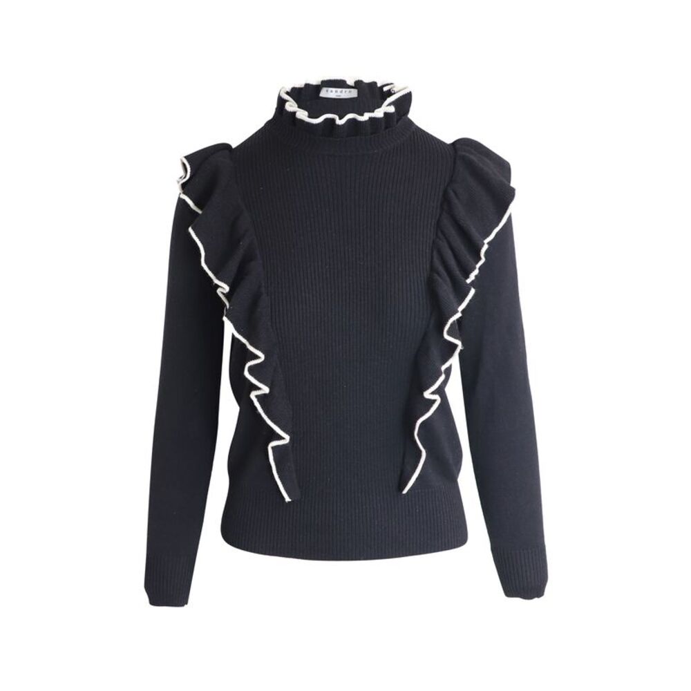 Sandro Paris Wool Blend Sweater with Ruffles in Black Acrylic